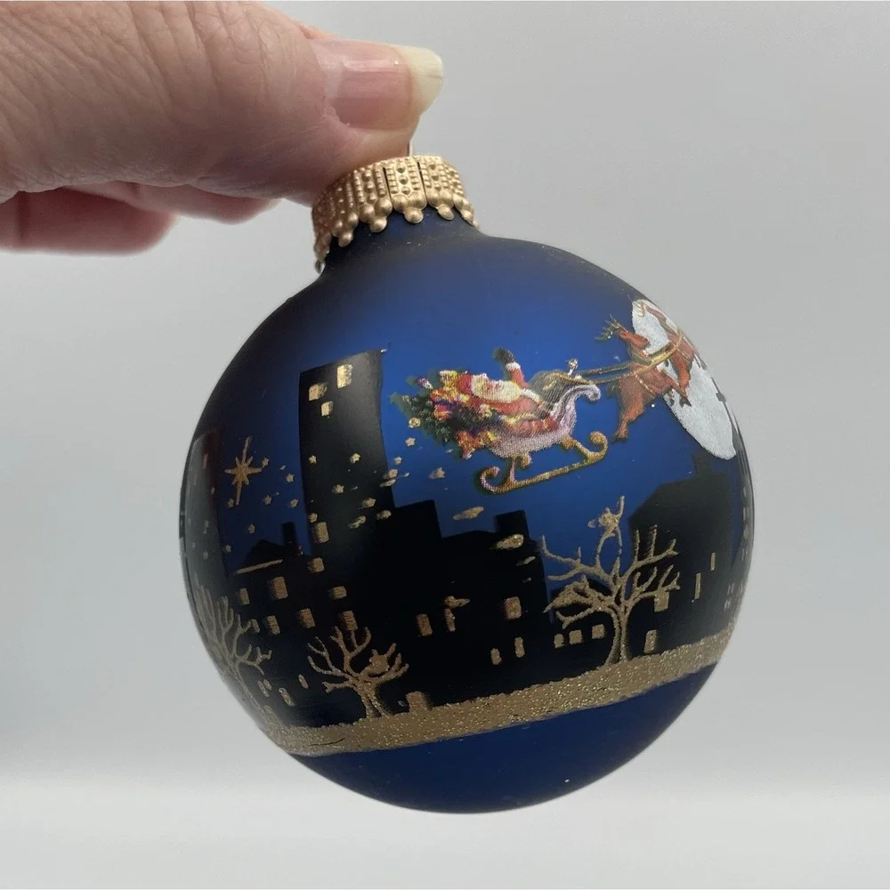 Vtg. Christmas Ornaments Krebs Set / 9 Sapphire Blue Santa's Sleigh City Skyline
